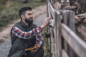 A bearded man with a tablet in hands on a cattle-farm